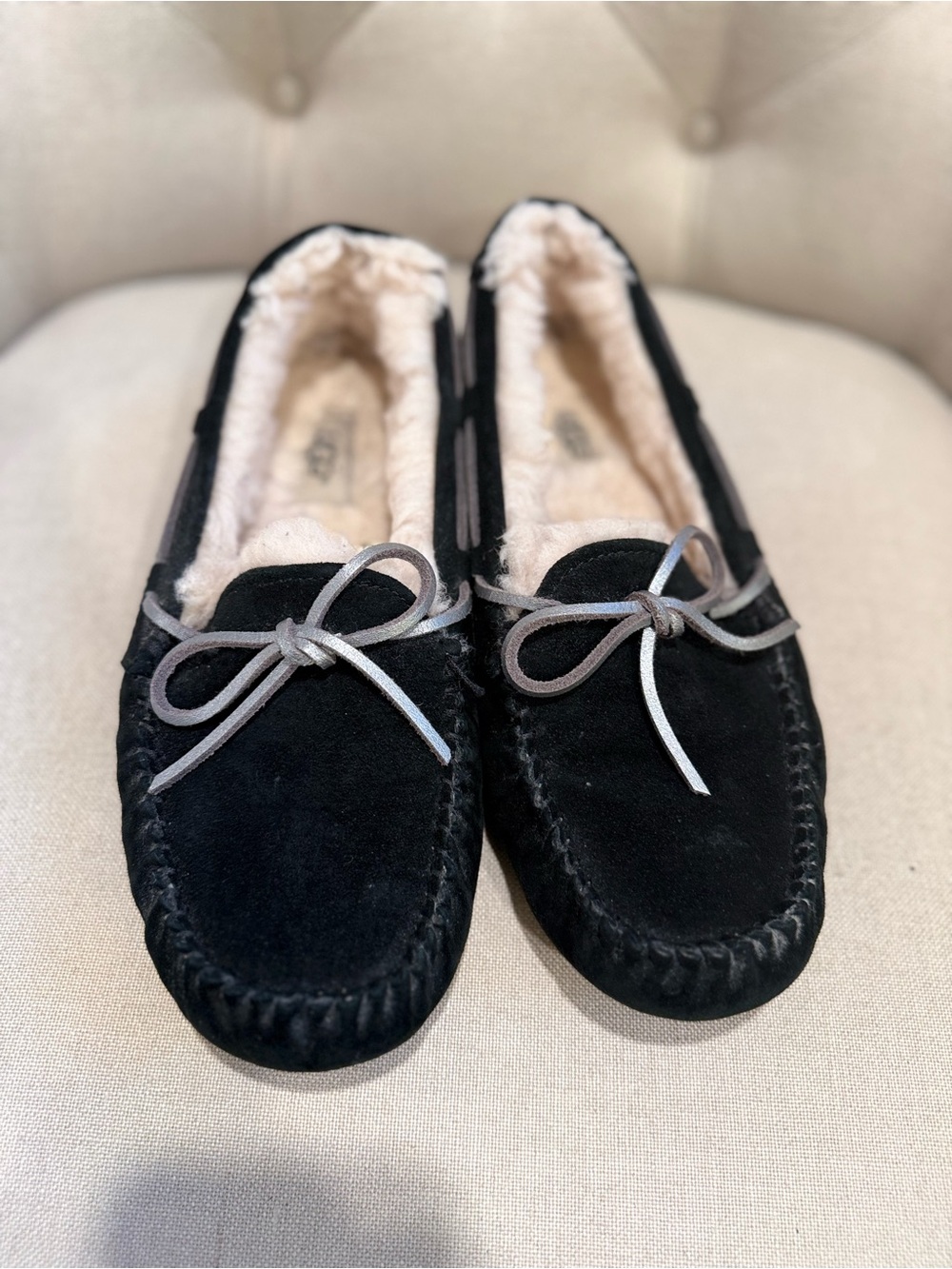 Ugg Dakota Black Suede Moccasins with Shearling Lining, Size 8